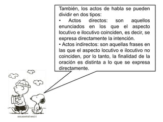 El acto de habla consta de tres factores elementales:•Acto locutivo: es la idea o el concepto de la frase, es decir, aquello que se dice.•Acto ilocutivo: es la intención o finalidad concreta del acto de habla.•Acto perlocutivo: es el (o los) efecto(s) que el enunciado produce, en el receptor, en una determinada circunstancia.