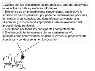 ¿Cuáles son los procedimientos pragmáticos, para dar efectividad a los actos de habla y evitar su infortunio?- Existencia de un procedimiento convencional, que incluye la emisión de ciertas palabras, por parte de determinadas personas, en ciertas circunstancias, que tiene efectos convencionales.Personas y circunstancias apropiadas para la invocación del procedimiento particular.