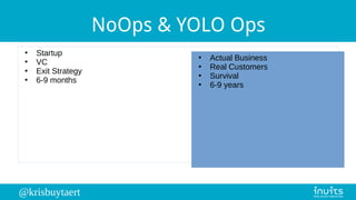 @krisbuytaert
NoOps & YOLO Ops
●
Startup
●
VC
●
Exit Strategy
●
6-9 months
●
Actual Business
●
Real Customers
●
Survival
●
6-9 years
 