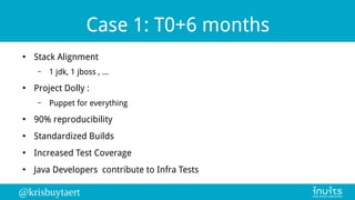 @krisbuytaert
Case 1: T0+6 months
●
Stack Alignment
– 1 jdk, 1 jboss , ...
●
Project Dolly :
– Puppet for everything
●
90% reproducibility
●
Standardized Builds
●
Increased Test Coverage
●
Java Developers contribute to Infra Tests
 