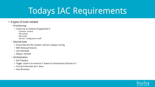 Todays IAC Requirements
●
3 types of tools needed
– Provisioning :
●
Create me an instance of application X
– Container instance
– VM instance
– K8s Cluster
– Service X configuration via API
– Desired state
●
Ensure that this file present / service is always running
●
With these permissions
●
User Removed
●
Always / Verified
– Orchestration
●
Non frequent
●
Trigger action X on resource Y based on characteristics A,B and or C
●
First do X here then do Y there
●
One off actions
 
