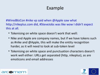 Example

#WiredBizCon #nike vp said when @Apple saw what
http://nikeplus.com did, #SteveJobs was like wow I didn't expect
this at all.
  ●
    Tokenising on white space doesn't work that well:
  ●
    Nike and Apple are company names, but if we have tokens such
    as #nike and @Apple, this will make the entity recognition
    harder, as it will need to look at sub-token level
  ●
    Tokenising on white space and punctuation characters doesn't
    work well either: URLs get separated (http, nikeplus), as are
    emoticons and email addresses
 