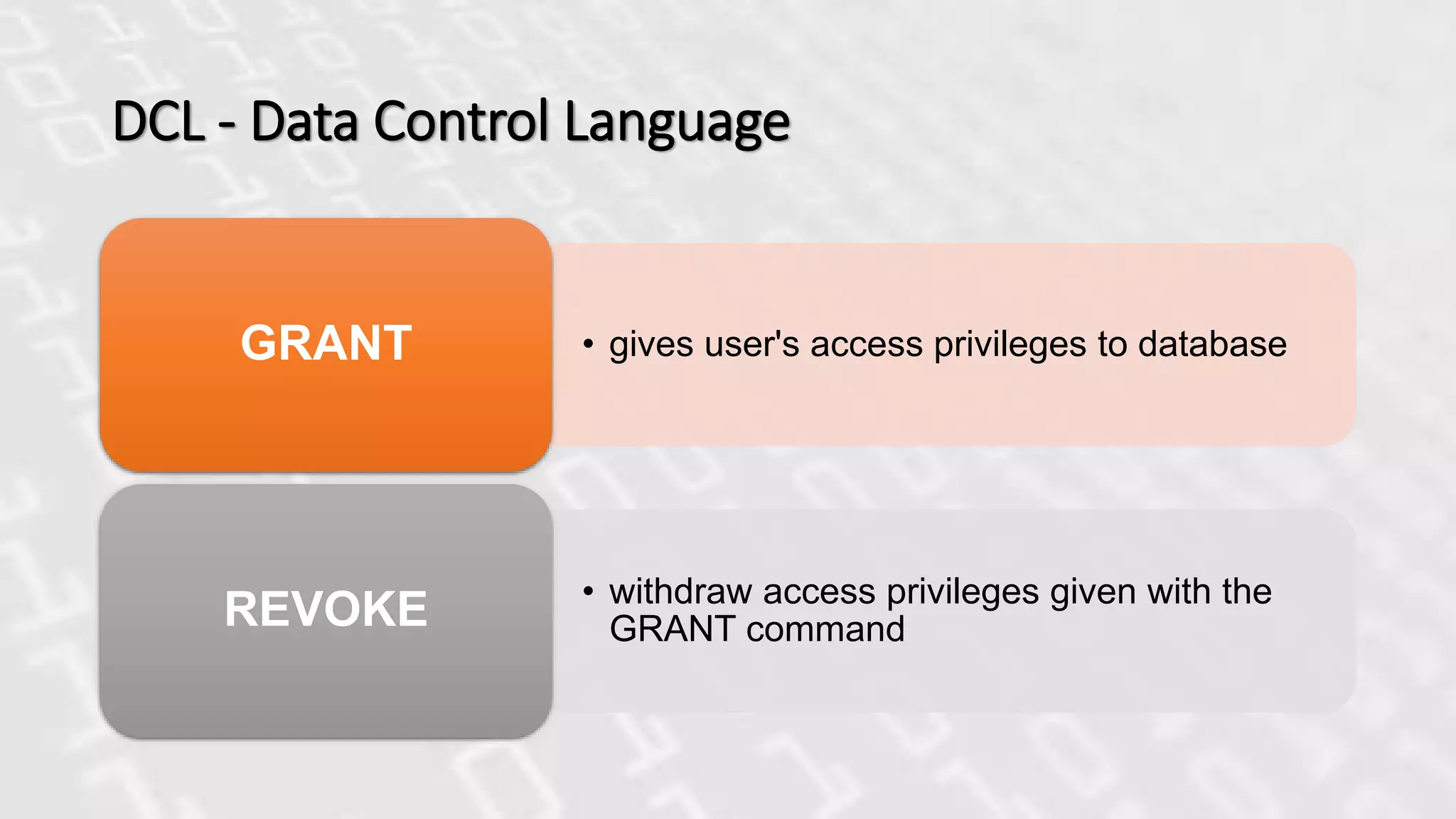 DCL - Data Control Language
• gives user's access privileges to databaseGRANT
• withdraw access privileges given with the
GRANT commandREVOKE
 