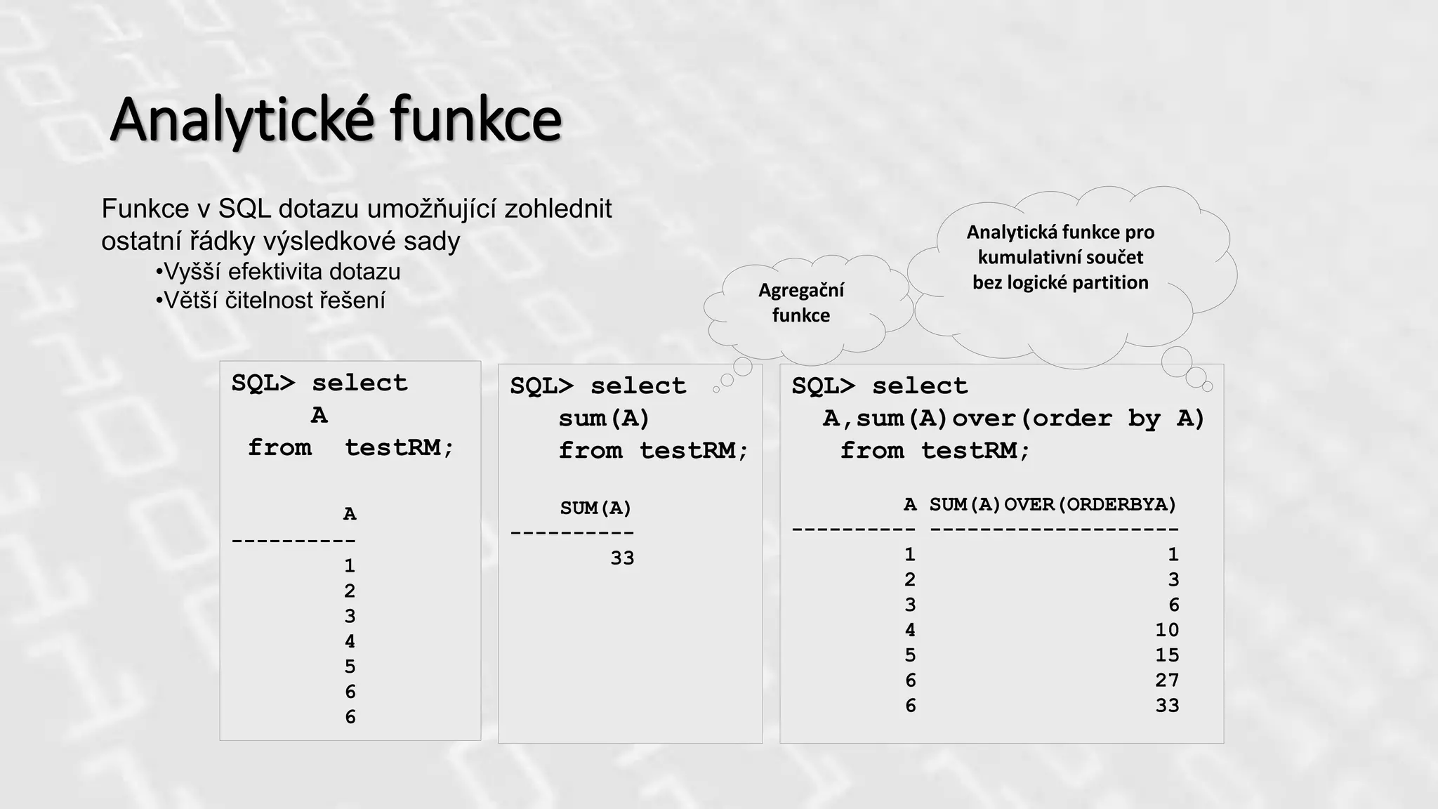 Analytické funkce
Funkce v SQL dotazu umožňující zohlednit
ostatní řádky výsledkové sady
•Vyšší efektivita dotazu
•Větší čitelnost řešení
SQL> select
A
from testRM;
A
----------
1
2
3
4
5
6
6
SQL> select
sum(A)
from testRM;
SUM(A)
----------
33
SQL> select
A,sum(A)over(order by A)
from testRM;
A SUM(A)OVER(ORDERBYA)
---------- --------------------
1 1
2 3
3 6
4 10
5 15
6 27
6 33
Agregační
funkce
Analytická funkce pro
kumulativní součet
bez logické partition
 