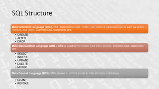 SQL Structure
Data Definition Language (DDL). DDL statements create, modify, and remove database objects such as tables,
indexes, and users. Common DDL statements are:
• CREATE
• ALTER
• DROP
Data Manipulation Language (DML). DML is used to manipulate data within a table. Common DML statements
are:
• SELECT
• INSERT
• UPDATE
• DELETE
• MERGE
Data Control Language (DCL). DCL is used to control access to data stored in a database.
• GRANT
• REVOKE
 