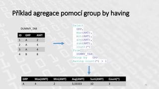 Příklad agregace pomocí group by having
78
ID GRP AMT
1 A 2
2 A 4
3 A 4
4 B 8
DUMMY_TAB
GRP Max(AMT) Min(AMT) Avg(AMT) Sum(AMT) Count(*)
A 4 2 3,33333 10 3
Select
GRP,
max(AMT),
min(AMT),
avg(AMT),
sum(AMT),
count(*)
From
DUMMY_TAB
Group by GRP
Having count(*) > 1
 