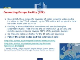 Transport
Connecting Europe Facility (CEF)
 Since 2014, there is specific coverage of nodes including urban nodes
i.e. cities on the TEN-T network; up to €200 million will be spent in total
on urban nodes over 2014-20
 Funding is also available for Innovation and new technologies
(alternative fuels). Pilot projects are co-financed at up to 50% and
mobile equipment is also covered (10% of the project's budget)
 Co-financing rates are higher for the 15 cohesion countries
 Follow the urban nodes and the innovation calls
http://ec.europa.eu/transport/themes/infrastructure/
http://ec.europa.eu/inea/en/connecting-europe-
facility/cef-transport
* Bulgaria, Croatia, Cyprus, the Czech Republic, Estonia, Greece, Hungary,
Latvia, Lithuania, Malta, Poland, Portugal, Romania, Slovakia and Slovenia
Grants
 