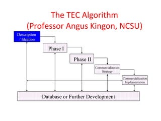 The TEC Algorithm (Professor Angus Kingon, NCSU) Description  / Ideation Commercialization Strategy Commercialization Implementation Database or Further Development Phase I Phase II 