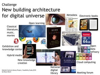 Hybrid media
Metadata
Open
data
refinery
New knowledge
creation Cloud computing
Exhibition and
knowledge center
Open learning
National
digital
library
Electronic books
Classical
literature,
music,
movies
Meeting forum
Challenge
New building architecture
for digital universe
Helsinki Central Library Project, Feasibility Study 2010
by Klaus Oesch
 
