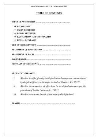 MEMORIAL ON BEHALF OF THE RESPONDENT
TABLE OF CONTENTS
INDEX OF AUTHORITIES ……………………………………………
 LEGISLATION
 CASES REFERRED
 BOOKS REFERRED
 LAW LEXICON AND DICTIONARIES
 LEGAL DATABASES
LIST OF ABBREVIATIONS …………………………………………...
STATEMENT OF JURISDICTION ……………………………………
STATEMENT OF FACTS ……………………………………………….
ISSUES RAISED ………………………………………………………….
SUMMARY OF ARGUMENTS …………………………………………
ARGUMENT ADVANCED
I. Whethertheoffer given bythe defendant andacceptancecommunicated
by the plaintiff were valid as per the Indian Contract Act, 1872?
II. Whether the revocation of offer done by the defendant was as per the
provisions of Indian Contract Act, 1872?
III. Whether there wasa breach of contract by the defendant?
PRAYER ………………………………………………………………………..
 