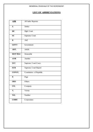 MEMORIAL ON BEHALF OF THE RESPONDENT
LIST OF ABBREVIATIONS
AIR All India Reporter
J. Justice
HC High Court
SC Supreme Court
& And
GOVT Government
ART. Article
HON’BLE Honorable
ANR Another
SCC Supreme Court Cases
SCR Supreme Court Report
CONST. Constitution of Republic
P. Page
ORS Others
CO. Company
V. Versus
NO. Number
CORP. Corporation
 