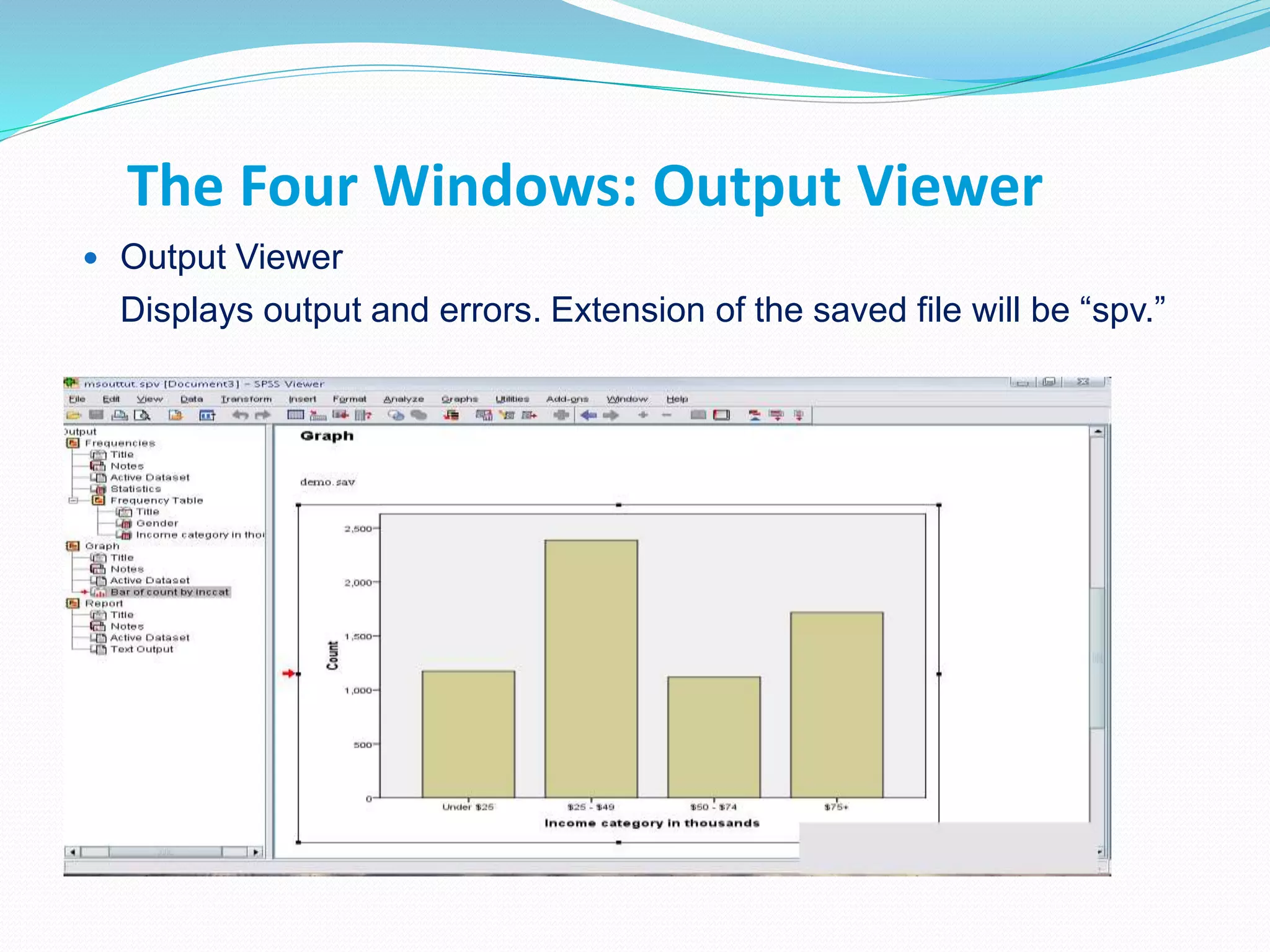 The Four Windows: Output Viewer
 Output Viewer
Displays output and errors. Extension of the saved file will be “spv.”
 