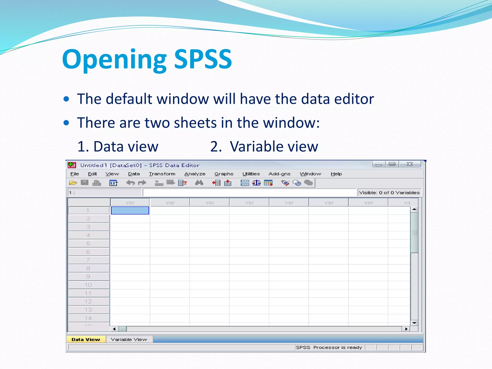 Opening SPSS
 The default window will have the data editor
 There are two sheets in the window:
1. Data view 2. Variable view
 