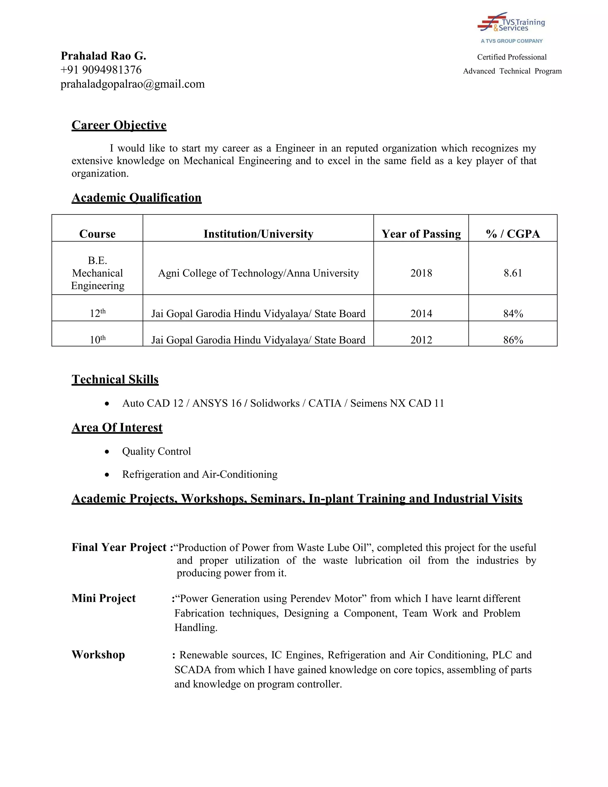 Prahalad Rao G Resume PDF - Prahalad Rao G Resume 1 2048 