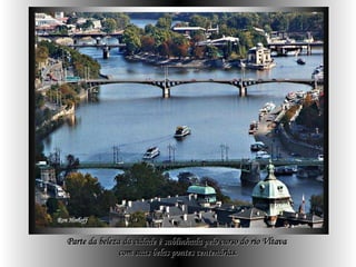 Parte da beleza da cidade é sublinhada pelo curso do rio Vltava com suas belas pontes centenárias. 