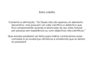 Extra crédito Comenta a afirmação: “Os fósseis não são apenas um elemento decorativo, mas possuem um valor científico e didáctico que fica comprometido quando é arrancado do seu meio natural por pessoas sem experiência ou com objectivos não-científicos. ” Que estudos poderiam ser feitos para melhor conhecermos essas camadas e as mudanças climáticas e ambientais que se deram no passado? 