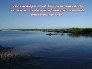 A casa, estrelada pelo exigente Guia Quatro Rodas, capricha
nas receitas que combinam peixes frescos e ingredientes locais
como banana, caju e coco.
 