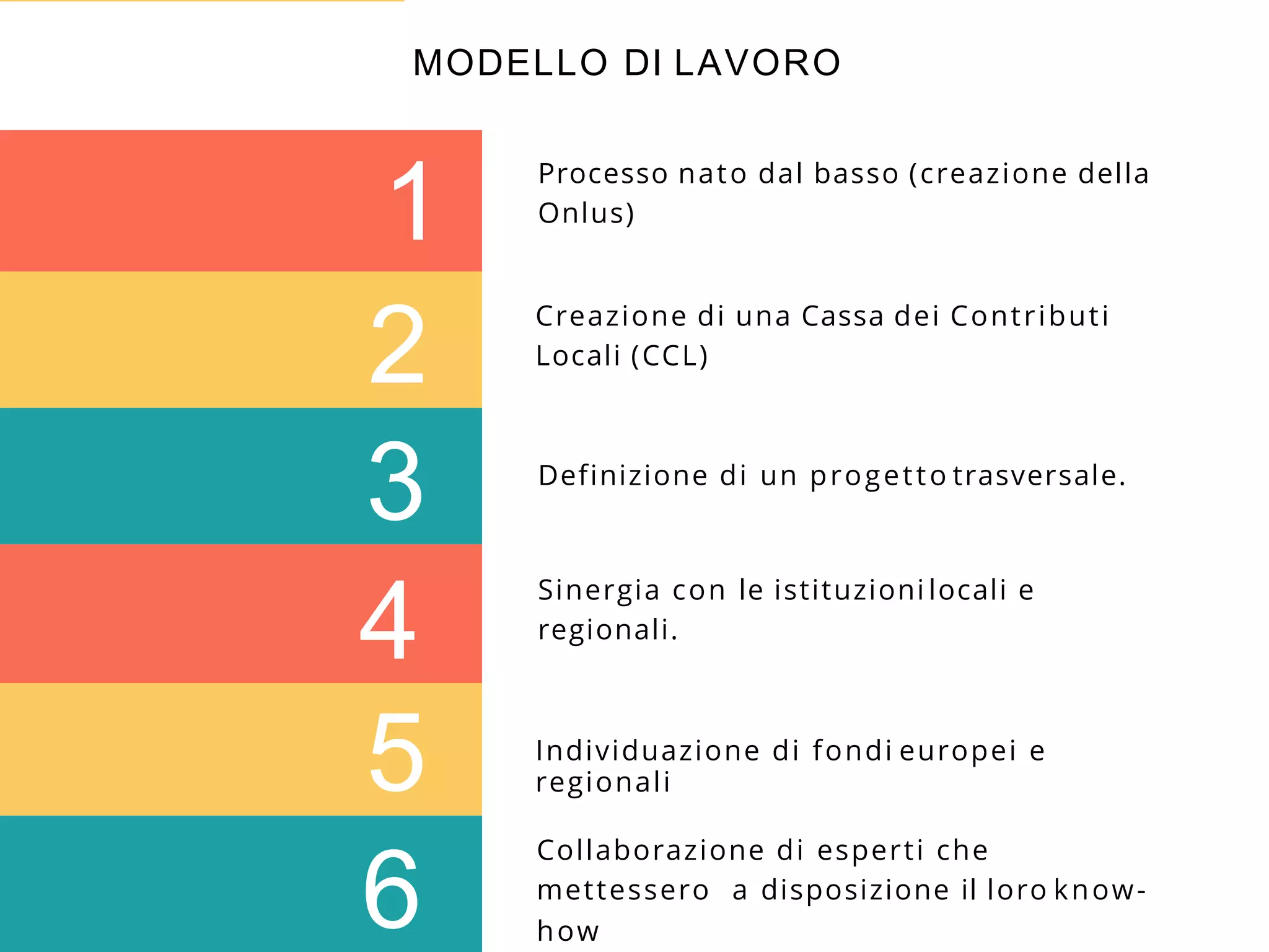 4
1
5
2
6
3
MODELLO DI LAVORO
Processo nato dal basso (creazione della
Onlus)
Creazione di una Cassa dei Contributi
Locali (CCL)
Definizione di un progetto trasversale.
Sinergia con le istituzioni locali e
regionali.
Individuazione di fondi europei e
regionali
Collaborazione di esperti che
mettessero a disposizione il loro know-
how
 