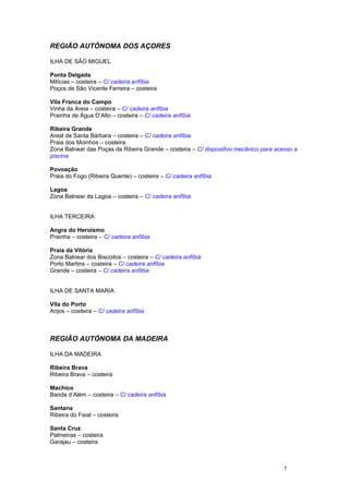 REGIÃO AUTÓNOMA DOS AÇORES
ILHA DE SÃO MIGUEL
Ponta Delgada
Milícias – costeira – C/ cadeira anfíbia
Poços de São Vicente Ferreira – costeira
Vila Franca do Campo
Vinha da Areia – costeira – C/ cadeira anfíbia
Prainha de Água D’Alto – costeira – C/ cadeira anfíbia
Ribeira Grande
Areal de Santa Bárbara – costeira – C/ cadeira anfíbia
Praia dos Moinhos – costeira
Zona Balnear das Poças da Ribeira Grande – costeira – C/ dispositivo mecânico para acesso a
piscina
Povoação
Praia do Fogo (Ribeira Quente) – costeira – C/ cadeira anfíbia
Lagoa
Zona Balnear da Lagoa – costeira – C/ cadeira anfíbia
ILHA TERCEIRA
Angra do Heroísmo
Prainha – costeira – C/ cadeira anfíbia
Praia da Vitória
Zona Balnear dos Biscoitos – costeira – C/ cadeira anfíbia
Porto Martins – costeira – C/ cadeira anfíbia
Grande – costeira – C/ cadeira anfíbia
ILHA DE SANTA MARIA
Vila do Porto
Anjos – costeira – C/ cadeira anfíbia
REGIÃO AUTÓNOMA DA MADEIRA
ILHA DA MADEIRA
Ribeira Brava
Ribeira Brava – costeira
Machico
Banda d’Além – costeira – C/ cadeira anfíbia
Santana
Ribeira do Faial – costeira
Santa Cruz
Palmeiras – costeira
Garajau – costeira
7
 