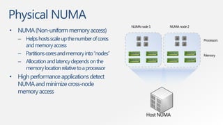 Physical NUMA
                                                NUMA node 1     NUMA node 2
• NUMA (Non-uniform memory access)
   – Helps hosts scale up the number of cores                                 Processors
     and memory access
   – Partitions cores and memory into “nodes”                                 Memory
   – Allocation and latency depends on the
     memory location relative to a processor
• High performance applications detect
  NUMA and minimize cross-node
  memory access


                                                        Host NUMA
 
