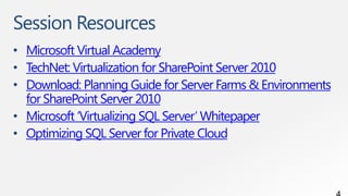 Session Resources
• Microsoft Virtual Academy
• TechNet: Virtualization for SharePoint Server 2010
• Download: Planning Guide for Server Farms & Environments
  for SharePoint Server 2010
• Microsoft „Virtualizing SQL Server‟ Whitepaper
• Optimizing SQL Server for Private Cloud
 