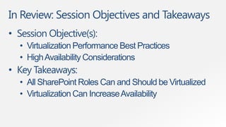 In Review: Session Objectives and Takeaways
• Session Objective(s):
  • Virtualization Performance Best Practices
  • High Availability Considerations
• Key Takeaways:
  • All SharePoint Roles Can and Should be Virtualized
  • Virtualization Can Increase Availability
 