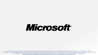 © 2011 Microsoft Corporation. All rights reserved. Microsoft, Windows, Windows Vista and other product names are or may be registered trademarks and/or trademarks in the U.S. and/or other countries.
The information herein is for informational purposes only and represents the current view of Microsoft Corporation as of the date of this presentation. Because Microsoft must respond to changing market conditions, it should
                          not be interpreted to be a commitment on the part of Microsoft, and Microsoft cannot guarantee the accuracy of any information provided after the date of this presentation.
                                                  MICROSOFT MAKES NO WARRANTIES, EXPRESS, IMPLIED OR STATUTORY, AS TO THE INFORMATION IN THIS PRESENTATION.
 