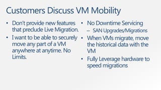 Customers Discuss VM Mobility
• Don’t provide new features • No Downtime Servicing
  that preclude Live Migration. – SAN Upgrades/Migrations
• I want to be able to securely • When VMs migrate, move
  move any part of a VM           the historical data with the
  anywhere at anytime. No         VM
  Limits.                       • Fully Leverage hardware to
                                  speed migrations
 