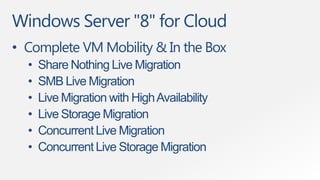 Windows Server "8" for Cloud
• Complete VM Mobility & In the Box
  •   Share Nothing Live Migration
  •   SMB Live Migration
  •   Live Migration with High Availability
  •   Live Storage Migration
  •   Concurrent Live Migration
  •   Concurrent Live Storage Migration
 