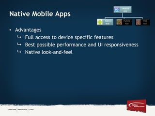 Native Mobile Apps
• Advantages
 Full access to device specific features
 Best possible performance and UI responsiveness
 Native look-and-feel
Mobile
app
Native
app
Hybrid
app
Web
app
 