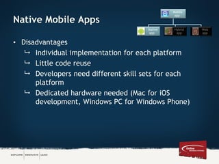 Native Mobile Apps
• Disadvantages
 Individual implementation for each platform
 Little code reuse
 Developers need different skill sets for each
platform
 Dedicated hardware needed (Mac for iOS
development, Windows PC for Windows Phone)
Mobile
app
Native
app
Hybrid
app
Web
app
 