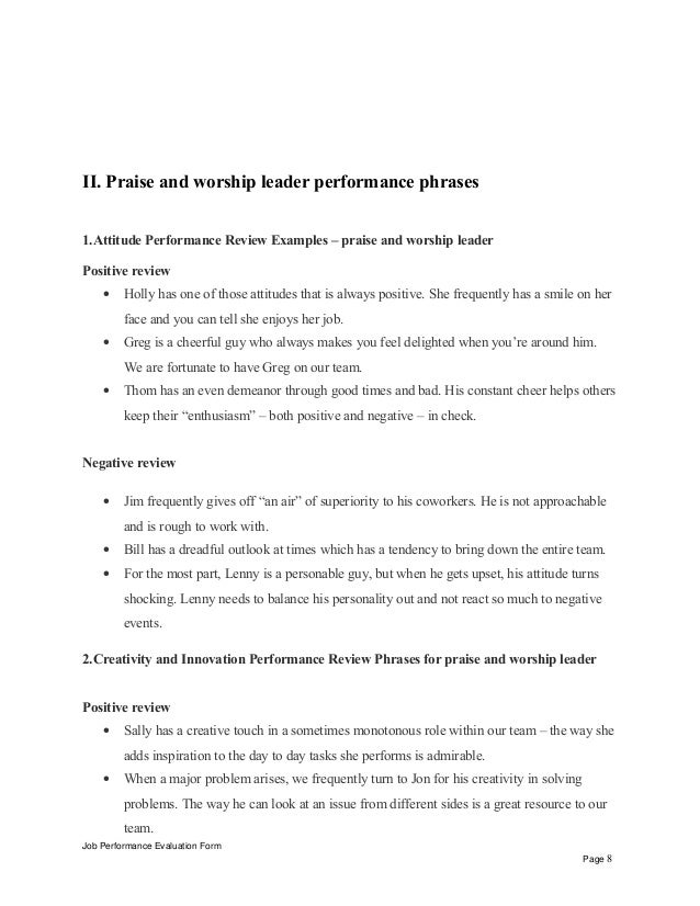 praise and worship leader performance appraisal