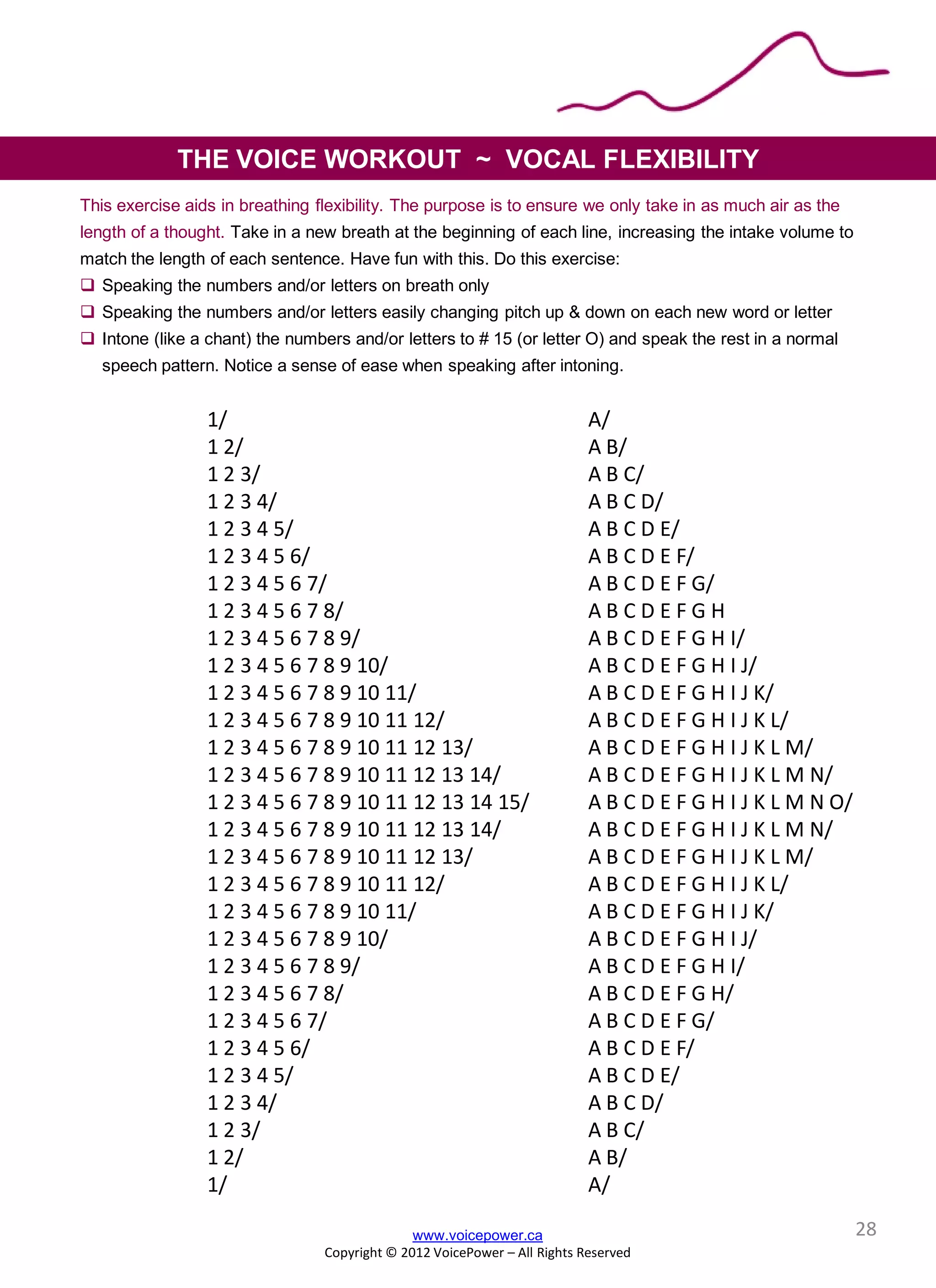 THE VOICE WORKOUT ~ VOCAL FLEXIBILITY
This exercise aids in breathing flexibility. The purpose is to ensure we only take in as much air as the
length of a thought. Take in a new breath at the beginning of each line, increasing the intake volume to
match the length of each sentence. Have fun with this. Do this exercise:
 Speaking the numbers and/or letters on breath only
 Speaking the numbers and/or letters easily changing pitch up & down on each new word or letter
 Intone (like a chant) the numbers and/or letters to # 15 (or letter O) and speak the rest in a normal
speech pattern. Notice a sense of ease when speaking after intoning.
1/ A/
1 2/ A B/
1 2 3/ A B C/
1 2 3 4/ A B C D/
1 2 3 4 5/ A B C D E/
1 2 3 4 5 6/ A B C D E F/
1 2 3 4 5 6 7/ A B C D E F G/
1 2 3 4 5 6 7 8/ A B C D E F G H
1 2 3 4 5 6 7 8 9/ A B C D E F G H I/
1 2 3 4 5 6 7 8 9 10/ A B C D E F G H I J/
1 2 3 4 5 6 7 8 9 10 11/ A B C D E F G H I J K/
1 2 3 4 5 6 7 8 9 10 11 12/ A B C D E F G H I J K L/
1 2 3 4 5 6 7 8 9 10 11 12 13/ A B C D E F G H I J K L M/
1 2 3 4 5 6 7 8 9 10 11 12 13 14/ A B C D E F G H I J K L M N/
1 2 3 4 5 6 7 8 9 10 11 12 13 14 15/ A B C D E F G H I J K L M N O/
1 2 3 4 5 6 7 8 9 10 11 12 13 14/ A B C D E F G H I J K L M N/
1 2 3 4 5 6 7 8 9 10 11 12 13/ A B C D E F G H I J K L M/
1 2 3 4 5 6 7 8 9 10 11 12/ A B C D E F G H I J K L/
1 2 3 4 5 6 7 8 9 10 11/ A B C D E F G H I J K/
1 2 3 4 5 6 7 8 9 10/ A B C D E F G H I J/
1 2 3 4 5 6 7 8 9/ A B C D E F G H I/
1 2 3 4 5 6 7 8/ A B C D E F G H/
1 2 3 4 5 6 7/ A B C D E F G/
1 2 3 4 5 6/ A B C D E F/
1 2 3 4 5/ A B C D E/
1 2 3 4/ A B C D/
1 2 3/ A B C/
1 2/ A B/
1/ A/
www.voicepower.ca
Copyright © 2012 VoicePower – All Rights Reserved
28
 