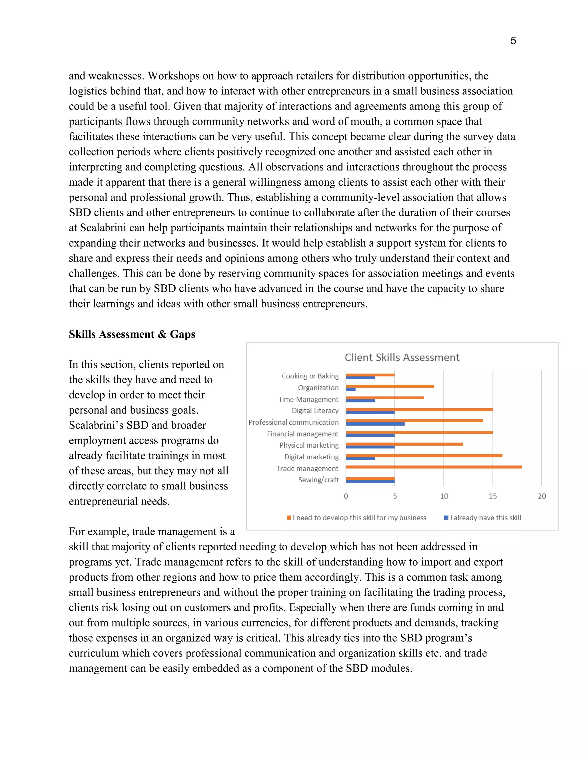5
and weaknesses. Workshops on how to approach retailers for distribution opportunities, the
logistics behind that, and how to interact with other entrepreneurs in a small business association
could be a useful tool. Given that majority of interactions and agreements among this group of
participants flows through community networks and word of mouth, a common space that
facilitates these interactions can be very useful. This concept became clear during the survey data
collection periods where clients positively recognized one another and assisted each other in
interpreting and completing questions. All observations and interactions throughout the process
made it apparent that there is a general willingness among clients to assist each other with their
personal and professional growth. Thus, establishing a community-level association that allows
SBD clients and other entrepreneurs to continue to collaborate after the duration of their courses
at Scalabrini can help participants maintain their relationships and networks for the purpose of
expanding their networks and businesses. It would help establish a support system for clients to
share and express their needs and opinions among others who truly understand their context and
challenges. This can be done by reserving community spaces for association meetings and events
that can be run by SBD clients who have advanced in the course and have the capacity to share
their learnings and ideas with other small business entrepreneurs.
Skills Assessment & Gaps
In this section, clients reported on
the skills they have and need to
develop in order to meet their
personal and business goals.
Scalabrini’s SBD and broader
employment access programs do
already facilitate trainings in most
of these areas, but they may not all
directly correlate to small business
entrepreneurial needs.
For example, trade management is a
skill that majority of clients reported needing to develop which has not been addressed in
programs yet. Trade management refers to the skill of understanding how to import and export
products from other regions and how to price them accordingly. This is a common task among
small business entrepreneurs and without the proper training on facilitating the trading process,
clients risk losing out on customers and profits. Especially when there are funds coming in and
out from multiple sources, in various currencies, for different products and demands, tracking
those expenses in an organized way is critical. This already ties into the SBD program’s
curriculum which covers professional communication and organization skills etc. and trade
management can be easily embedded as a component of the SBD modules.
 