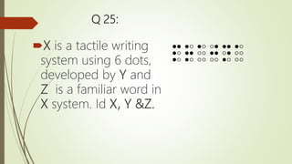 Q 25:
X is a tactile writing
system using 6 dots,
developed by Y and
Z is a familiar word in
X system. Id X, Y &Z.
⚫️⚫️ ⚫️⚪️ ⚫️⚪️ ⚪️⚫️ ⚫️⚫️ ⚫️⚪️
⚫️⚪️ ⚫️⚫️ ⚪️⚪️ ⚫️⚫️ ⚪️⚫️ ⚪️⚪️
⚫️⚪️ ⚫️⚪️ ⚪️⚪️ ⚪️⚪️ ⚫️⚪️ ⚪️⚪️
 