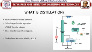 WHAT IS DISTILLATION?
• It is a direct mass transfer operation.
• Defined as preferential separation
of MVC from the mixture.
• Based on difference in boiling point.
• Driving force is relative volatility. ( )
 