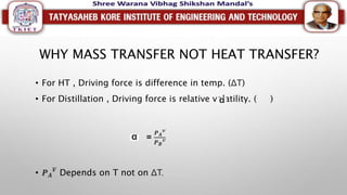 WHY MASS TRANSFER NOT HEAT TRANSFER?
• For HT , Driving force is difference in temp. (ΔT)
• For Distillation , Driving force is relative volatility. ( )
=
𝑷𝑨
𝒗
𝑷𝑩
𝒗
• 𝑷𝑨
𝑽
Depends on T not on ΔT.
 