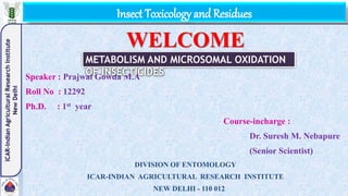 Insect Toxicology and Residues
WELCOME
Speaker : Prajwal Gowda M.A
Roll No : 12292
Ph.D. : 1st year
Course-incharge :
Dr. Suresh M. Nebapure
(Senior Scientist)
DIVISION OF ENTOMOLOGY
ICAR-INDIAN AGRICULTURAL RESEARCH INSTITUTE
NEW DELHI - 110 012
METABOLISM AND MICROSOMAL OXIDATION
OF INSECTICIDES
 