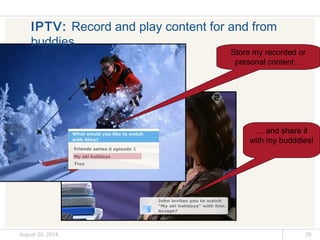 IPTV: Record and play content for and from 
buddies 
Store my recorded or 
personal content… 
… and share it 
with my budddies! 
August 20, 2014 20 
 