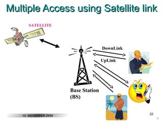MMuullttiippllee AAcccceessss uussiinngg SSaatteelllliittee lliinnkk 
22 
22 
Base Station 
(BS) 
DownLink 
UpLink 
SATELLITE 
13 NOVEMBER 2009 
 