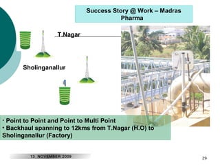 29 
Success Story @ Work – Madras 
Pharma 
T.Nagar 
Sholinganallur 
• Point to Point and Point to Multi Point 
• Backhaul spanning to 12kms from T.Nagar (H.O) to 
Sholinganallur (Factory) 
13 NOVEMBER 2009 
 