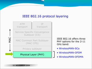 IEEE 802.16 protocol layering 
ATM 
ATM 
transport 
transport 
IP 
IP 
transport 
transport 
Service Specific Convergence 
Service Specific Convergence 
Sublayer (CS) 
Sublayer (CS) 
MAC Common Part Sublayer 
MAC Common Part Sublayer 
((MAC MAC CPS) 
CPS) 
PPrrivivaaccyy ssuubblalayyeerr 
PPhhyyssicicaal l LLaayyeerr ((PPHHYY)) 
MAC 
IEEE 802.16 offers three 
PHY options for the 2-11 
GHz band: 
• WirelessMAN-SCa 
• WirelessMAN-OFDM 
• WirelessMAN-OFDMA 
13 NOVEMBER 2009 
 