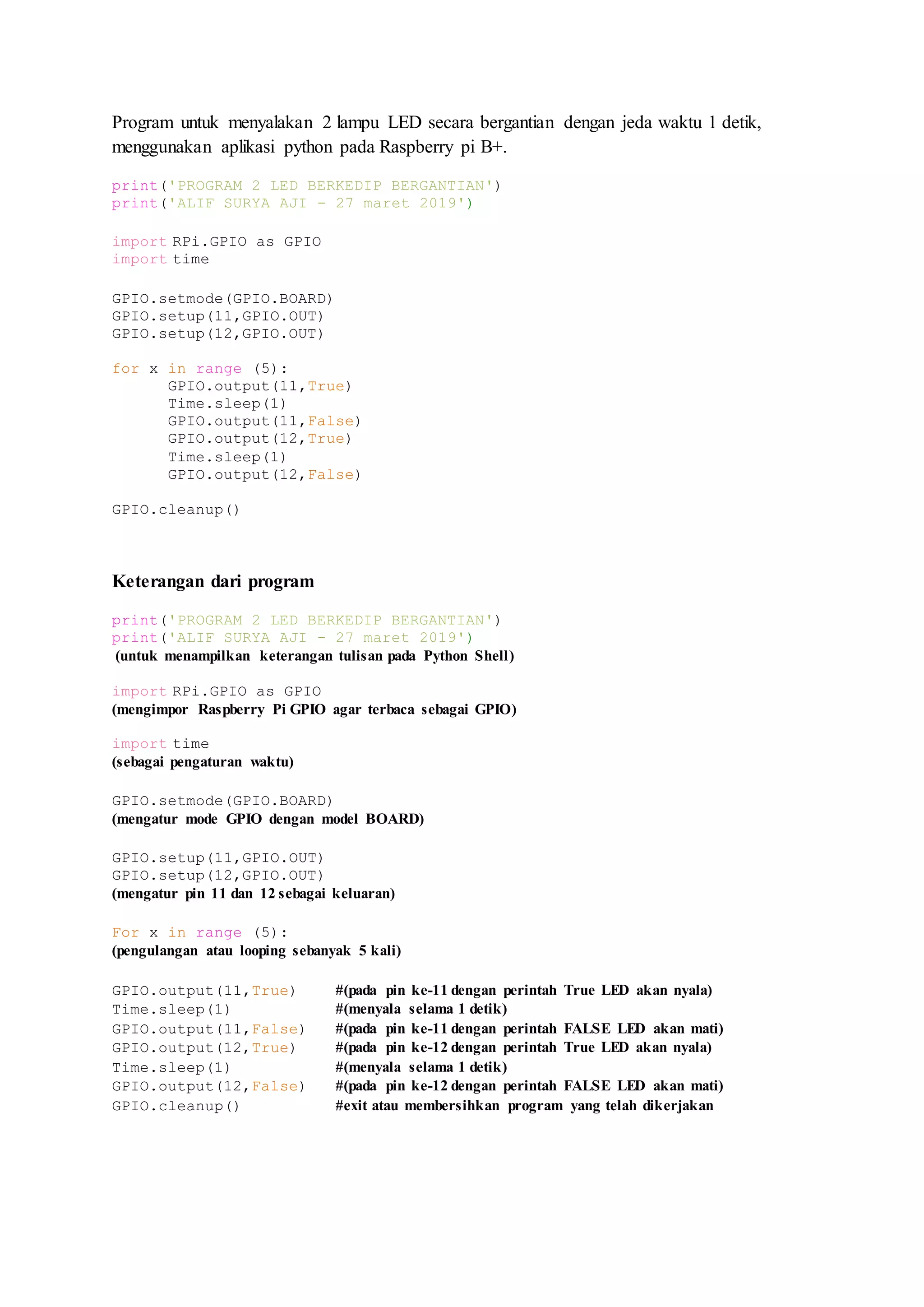 FLOWCHART DAN PROGRAM MIKROPROSESOR RASPBERRY PI - 2 LED MENYALA ...