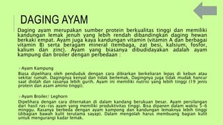 DAGING AYAM
Daging ayam merupakan sumber protein berkualitas tinggi dan memiliki
kandungan lemak jenuh yang lebih rendah dibandingkan daging hewan
berkaki empat. Ayam juga kaya kandungan vitamin (vitamin A dan berbagai
vitamin B) serta beragam mineral (tembaga, zat besi, kalsium, fosfor,
kalium dan zinc). Ayam yang biasanya dibudidayakan adalah ayam
kampung dan broiler dengan perbedaan :
Ayam Kampung
Biasa dipelihara oleh penduduk dengan cara dibiarkan berkeliaran lepas di kebun atau
sekitar rumah. Dagingnya kenyal dan tidak berlemak. Dagingnya juga tidak mudak hancur
saat diolah dan rasanya lebih gurih. Ayam ini memiliki nutrisi yang lebih tinggi (19 jenis
protein dan asam amino tinggi).
Ayam Broiler/ Leghorn
Dipelihara dengan cara diternakan di dalam kandang berukuan besar. Ayam persilangan
dari hasil ras-ras ayam yang memiliki produktivitas tinggi. Bisa dipanen dalam waktu 5-6
minggu. Rasanya berbeda dengan ayam kampong dan kandungan lemaknya lebih tinggi
(dibagian bawah kulit terutama sayap). Dalam mengolah harus membuang bagian kulit
untuk mengurangi kadar lemak.
 