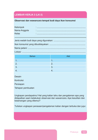 101Prakarya
LEMBAR KERJA 3 (LK-3)
Observasi dan wawancara tempat budi daya ikan konsumsi
Kelompok : .................................................................................
Nama Anggota : .................................................................................
Kelas : .................................................................................
Jenis wadah budi daya yang digunakan: .....................................................
Ikan konsumsi yang dibudidayakan: ............................................................
Nama petani: ................................................................................................
Lokasi: ..........................................................................................................
Bahan Alat
1. 1.
2. 2.
3. 3.
4. 4.
Desain
Kontruksi
Persiapan
Tahapan pembuatan
Ungkapan pendapatmu! Hal yang kalian tahu dan pengalaman apa yang
didapatkan saat melakukan observasi dan wawancara. Apa kesulitan dan
kesenangan yang ditemui?
Tuliskan ungkapan perasaan/pengalaman kalian dengan terbuka dan jujur.
 