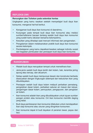 116 Kelas IX SMP/MTs Semester 1
REFLEKSI DIRI
Renungkan dan Tuliskan pada selembar kertas
Ungkapkan yang kamu rasakan setelah mempelajari budi daya ikan
konsumsi, mengenai hal-hal berikut.
• Keragaman budi daya ikan konsumsi di daerahmu.
• Kunjungan pada tempat budi daya ikan konsumsi atau melalui
sumber/referensi bacaan tentang wadah budi daya ikan konsumsi
yang sudah kamu lakukan bersama kelompokmu.
• Kesulitan yang dihadapi saat mencari informasi dan pengamatan.
• Pengalaman dalam melaksanakan praktik budi daya ikan konsumsi
secara kelompok.
• Pembelajaran yang kamu dapatkan/rasakan sebagai individu sosial
dari kegiatan pembuatan dan persiapan budi daya ikan konsumsi.
RANGKUMAN
• Wadah budi daya merupakan tempat untuk memelihara ikan.
• Jenis-jenis wadah budi daya terdiri dari kolam, bak, keramba jaring
apung atau tancap, dan akuarium.
• Setiap wadah budi daya mempunyai desain dan konstruksi berbeda
disesuaikan dengan lingkungan setempat dan kebutuhan ikan yang
dibudidayakan.
• Persiapan wadah budi daya kolam meliputi perbaikan pematang,
pengolahan dasar kolam, perbaikan saluran air masuk dan keluar,
pengeringan dasar kolam, pemupukan, pengapuran, dan pengisian
air kolam.
• Ikan konsumsi adalah ikan yang dibudidayakan untuk tujuan sumber
pangan protein atau konsumsi. Ciri ikan konsumsi memiliki daging
yang tebal.
• Budi daya pembesaran ikan konsumsi dilakukan untuk mendapatkan
ikan siap konsumsi atau ukuran yang diinginkan konsumen.
• Ikan konsumsi dapat di budi dayakan di perairan tawar, payau dan
laut.
 