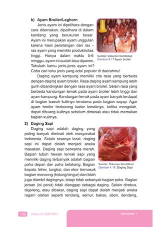 132 Kelas IX SMP/MTs Semester 1
b) Ayam Broiler/Leghorn
Jenis ayam ini dipelihara dengan
cara diternakan, dipelihara di dalam
kandang yang berukuran besar.
Ayam ini merupakan ayam unggulan
karena hasil persilangan dari ras -
ras ayam yang memiliki produktivitas
tinggi. Hanya dalam waktu 5-6
minggu, ayam ini sudah bisa dipanen.
Tahukah kamu jenis-jenis ayam ini?
Coba cari tahu jenis yang ada/ populer di daerahmu!
Daging ayam kampung memiliki cita rasa yang berbeda
dengan daging ayam broiler. Rasa daging ayam kampung lebih
gurih dibandingkan dengan rasa ayam broiler. Selain rasa yang
berbeda kandungan lemak pada ayam broiler lebih tinggi dari
ayam kampung. Kandungan lemak pada ayam banyak terdapat
di bagian bawah kulitnya terutama pada bagian sayap. Agar
ayam broiler berkurang kadar lemaknya, ketika mengolah,
dapat dibuang kulitnya sebelum dimasak atau tidak memakan
bagian kulitnya.
2) Daging Sapi
Daging sapi adalah daging yang
paling banyak diminati oleh masyarakat
Indonesia. Selain rasanya lezat, daging
sapi ini dapat diolah menjadi aneka
masakan. Daging sapi berwarna merah.
Bagian tubuh hewan ternak sapi yang
memiliki daging terbanyak adalah bagian
paha depan dan paha belakang. Bagian
kepala, leher, tungkai, dan ekor termasuk
bagian moncong (hidung/cingur) dan lidah
juga diambil dagingnya, tetapi tidak sebanyak bagian paha. Bagian
jeroan (isi perut) tidak dianggap sebagai daging. Selain direbus,
digoreng, atau dibakar, daging sapi dapat diolah menjadi aneka
ragam olahan seperti rendang, semur, bakso, abon, dendeng,
Sumber: Dokumen Kemdikbud
Gambar 4.17 Ayam broiler
Sumber: Dokumen Kemdikbud
Gambar 4.18 Daging Sapi
 