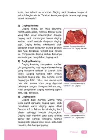 133Prakarya
sosis, dan salami, serta kornet. Daging sapi dimakan hampir di
seluruh bagian dunia. Tahukah kamu jenis-jenis hewan sapi yang
ada di Indonesia?
3) Daging Kerbau
Daging kerbau ciri khas berwarna
merah agak gelap, memiliki tekstur serat
yang lebih kasar dibandingkan dengan
daging sapi. Kandungan lemak daging
kerbau relatif rendah daripada daging
sapi. Daging kerbau dikonsumsi oleh
sebagian besar penduduk di Asia Selatan
dan Asia Tenggara, tempat asal hewan
ini. Pengolahan daging kerbau biasanya
sama dengan pengolahan daging sapi.
4) Daging Kambing
Daging kambing merupakan sumber
gizi yang penting bagi negara berkembang
yang biasanya terletak di daerah iklim
tropis. Daging kambing lebih empuk
daripada daging sapi dan kerbau. Serat
dagingnya lebih halus dan mempunyai
rasa dan aroma khas yang digemari
beberapa bangsa di negara berkembang.
Hasil pengolahan daging kambing seperti
sate, sop, dan gulai.
5) Daging Babi
Daging babi memiliki warna yang
lebih pucat daripada daging sapi, lebih
mendekati warna daging ayam (lihat
Gambar 4.21). Tekstur lemak daging babi
elastis sehingga mudah diregangkan.
Daging babi memiliki serat yang terlihat
samar dan sangat renggang. Olahan
daging babi berupa baso, sosis, sate, babi
rica-rica, dan babi panggang.
Sumber: Dokumen Kemdikbud
Gambar 4.19 Daging Kerbau
Sumber: Dokumen Kemdikbud
Gambar 4.20 Daging
Sumber: Dokumen Kemdikbud
Gambar 4.21 Daging babi
 