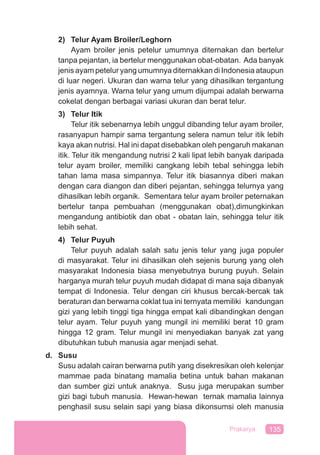 135Prakarya
2) Telur Ayam Broiler/Leghorn
Ayam broiler jenis petelur umumnya diternakan dan bertelur
tanpa pejantan, ia bertelur menggunakan obat-obatan. Ada banyak
jenis ayam petelur yang umumnya diternakkan di Indonesia ataupun
di luar negeri. Ukuran dan warna telur yang dihasilkan tergantung
jenis ayamnya. Warna telur yang umum dijumpai adalah berwarna
cokelat dengan berbagai variasi ukuran dan berat telur.
3) Telur Itik
Telur itik sebenarnya lebih unggul dibanding telur ayam broiler,
rasanyapun hampir sama tergantung selera namun telur itik lebih
kaya akan nutrisi. Hal ini dapat disebabkan oleh pengaruh makanan
itik. Telur itik mengandung nutrisi 2 kali lipat lebih banyak daripada
telur ayam broiler, memiliki cangkang lebih tebal sehingga lebih
tahan lama masa simpannya. Telur itik biasannya diberi makan
dengan cara diangon dan diberi pejantan, sehingga telurnya yang
dihasilkan lebih organik. Sementara telur ayam broiler peternakan
bertelur tanpa pembuahan (menggunakan obat),dimungkinkan
mengandung antibiotik dan obat - obatan lain, sehingga telur itik
lebih sehat.
4) Telur Puyuh
Telur puyuh adalah salah satu jenis telur yang juga populer
di masyarakat. Telur ini dihasilkan oleh sejenis burung yang oleh
masyarakat Indonesia biasa menyebutnya burung puyuh. Selain
harganya murah telur puyuh mudah didapat di mana saja dibanyak
tempat di Indonesia. Telur dengan ciri khusus bercak-bercak tak
beraturan dan berwarna coklat tua ini ternyata memiliki kandungan
gizi yang lebih tinggi tiga hingga empat kali dibandingkan dengan
telur ayam. Telur puyuh yang mungil ini memiliki berat 10 gram
hingga 12 gram. Telur mungil ini menyediakan banyak zat yang
dibutuhkan tubuh manusia agar menjadi sehat.
d. Susu
Susu adalah cairan berwarna putih yang disekresikan oleh kelenjar
mammae pada binatang mamalia betina untuk bahan makanan
dan sumber gizi untuk anaknya. Susu juga merupakan sumber
gizi bagi tubuh manusia. Hewan-hewan ternak mamalia lainnya
penghasil susu selain sapi yang biasa dikonsumsi oleh manusia
 