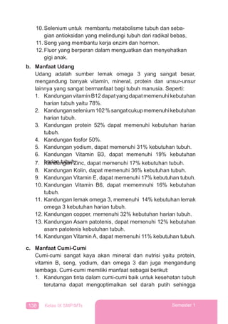 138 Kelas IX SMP/MTs Semester 1
10.Selenium untuk membantu metabolisme tubuh dan seba-
gian antioksidan yang melindungi tubuh dari radikal bebas.
11. Seng yang membantu kerja enzim dan hormon.
12.Fluor yang berperan dalam menguatkan dan menyehatkan
gigi anak.
b. Manfaat Udang
Udang adalah sumber lemak omega 3 yang sangat besar,
mengandung banyak vitamin, mineral, protein dan unsur-unsur
lainnya yang sangat bermanfaat bagi tubuh manusia. Seperti:
1. Kandungan vitamin B12 dapat yang dapat memenuhi kebutuhan
harian tubuh yaitu 78%.
2. Kandunganselenium102%sangatcukupmemenuhikebutuhan
harian tubuh.
3. Kandungan protein 52% dapat memenuhi kebutuhan harian
tubuh.
4. Kandungan fosfor 50%.
5. Kandungan yodium, dapat memenuhi 31% kebutuhan tubuh.
6. Kandungan Vitamin B3, dapat memenuhi 19% kebutuhan
harian tubuh.7. Kandungan Zinc, dapat memenuhi 17% kebutuhan tubuh.
8. Kandungan Kolin, dapat memenuhi 36% kebutuhan tubuh.
9. Kandungan Vitamin E, dapat memenuhi 17% kebutuhan tubuh.
10. Kandungan Vitamin B6, dapat mememnuhi 16% kebutuhan
tubuh.
11. Kandungan lemak omega 3, memenuhi 14% kebutuhan lemak
omega 3 kebutuhan harian tubuh.
12. Kandungan copper, memenuhi 32% kebutuhan harian tubuh.
13. Kandungan Asam patotenis, dapat memenuhi 12% kebutuhan
asam patotenis kebutuhan tubuh.
14. Kandungan Vitamin A, dapat memenuhi 11% kebutuhan tubuh.
c. Manfaat Cumi-Cumi
Cumi-cumi sangat kaya akan mineral dan nutrisi yaitu protein,
vitamin B, seng, yodium, dan omega 3 dan juga mengandung
tembaga. Cumi-cumi memiliki manfaat sebagai berikut:
1. Kandungan tinta dalam cumi-cumi baik untuk kesehatan tubuh
terutama dapat mengoptimalkan sel darah putih sehingga
 